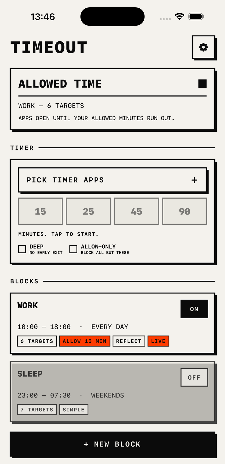 TimeOut home screen with timer and scheduled blocks