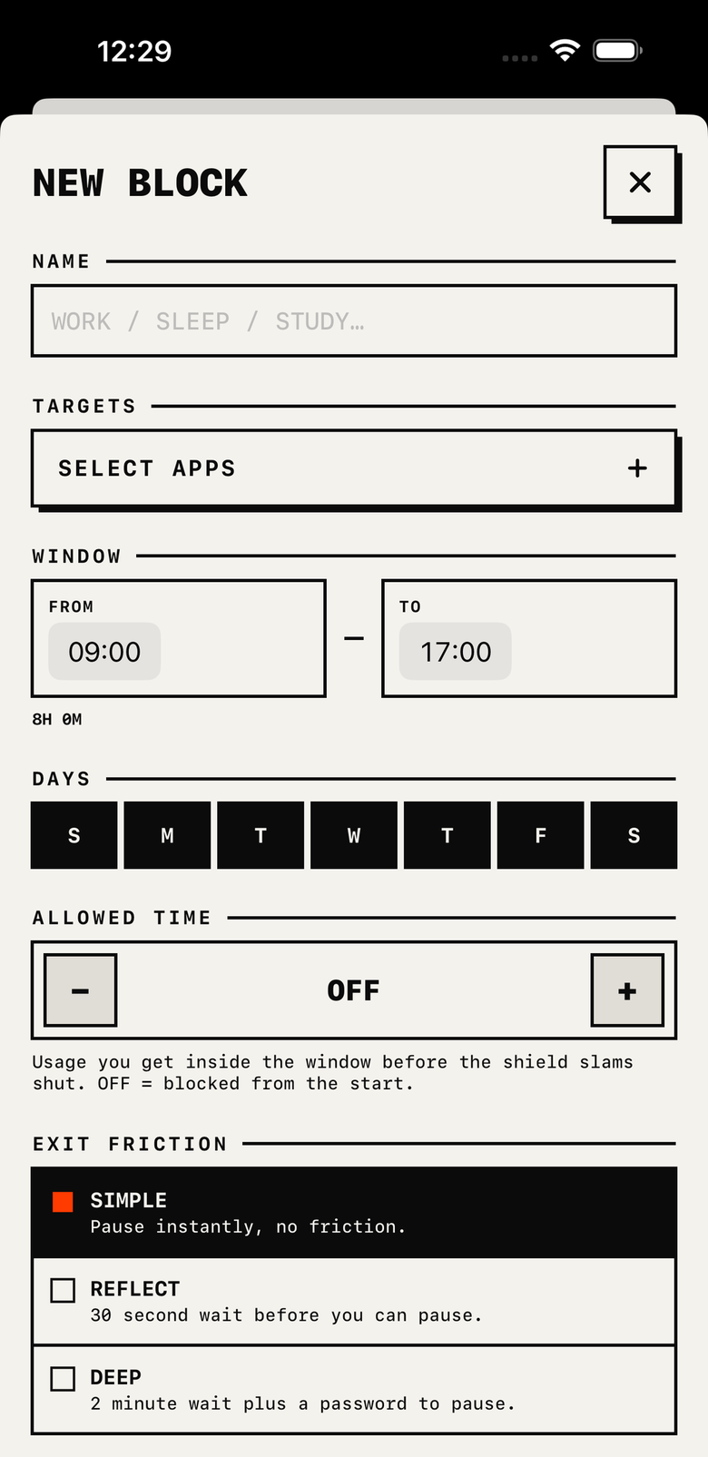 Creating a new block with a time window, days, allowed time and exit friction