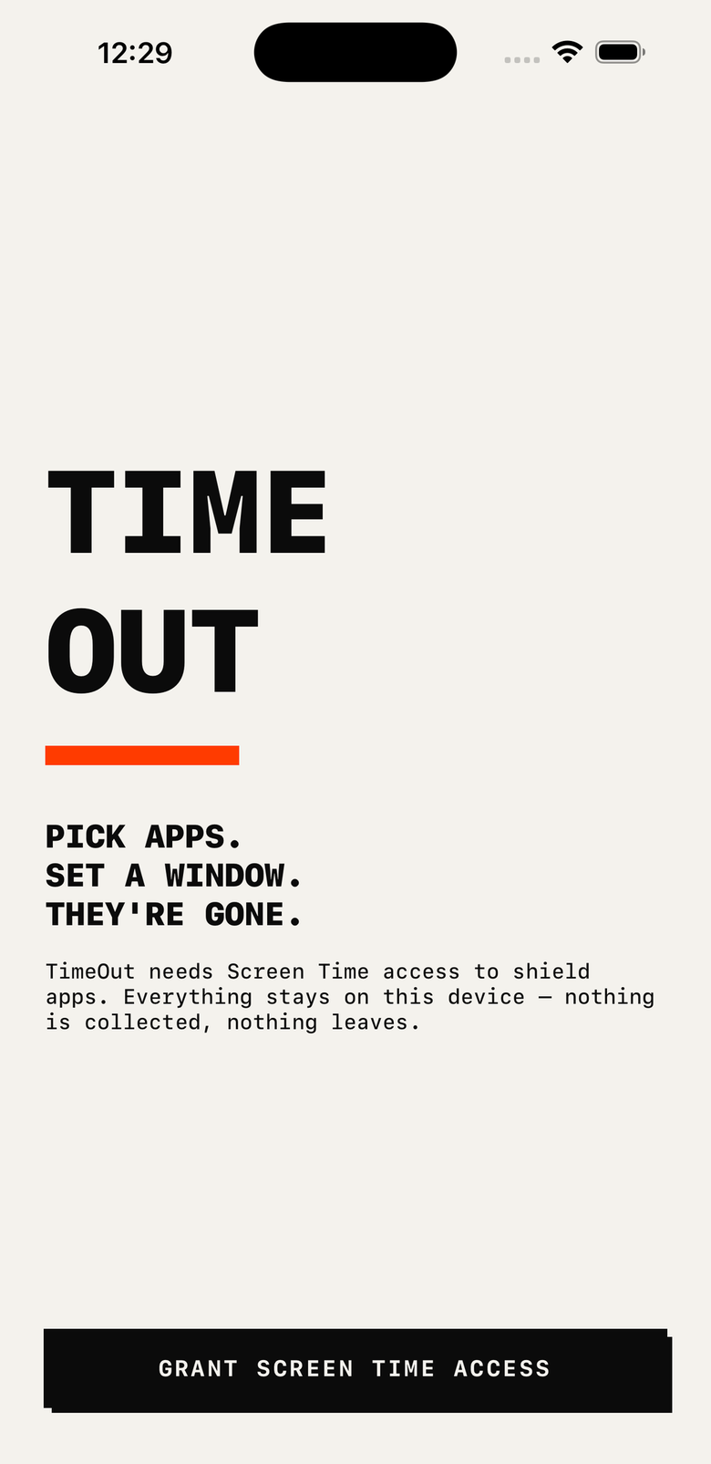 TimeOut onboarding screen asking for Screen Time access