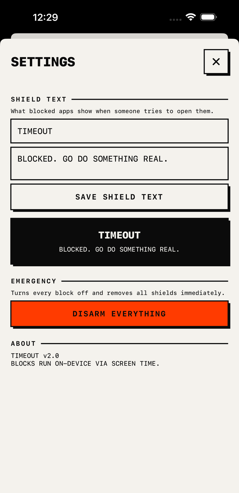Settings screen for customizing the shield text